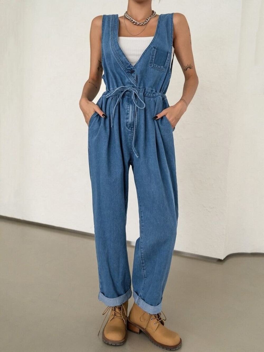 Dazy Women's Plicated Detailed Drawstring Waist  Denim Overalls‎ Sz S Comfy
